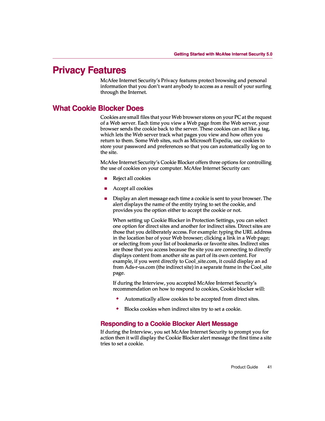 McAfee 5 manual Privacy Features, What Cookie Blocker Does, Responding to a Cookie Blocker Alert Message 