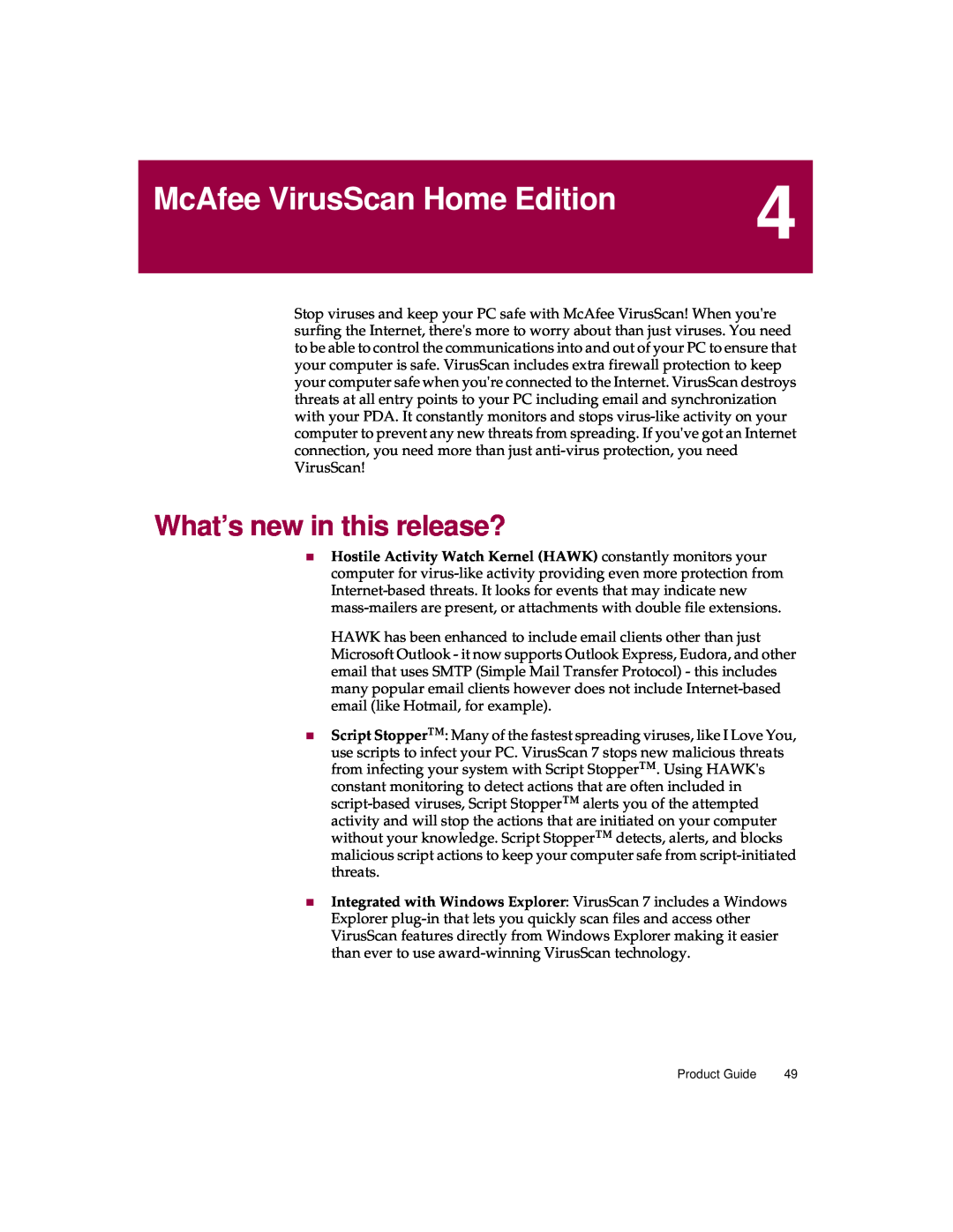 McAfee 5 manual McAfee VirusScan Home Edition, What’s new in this release?, Product Guide 