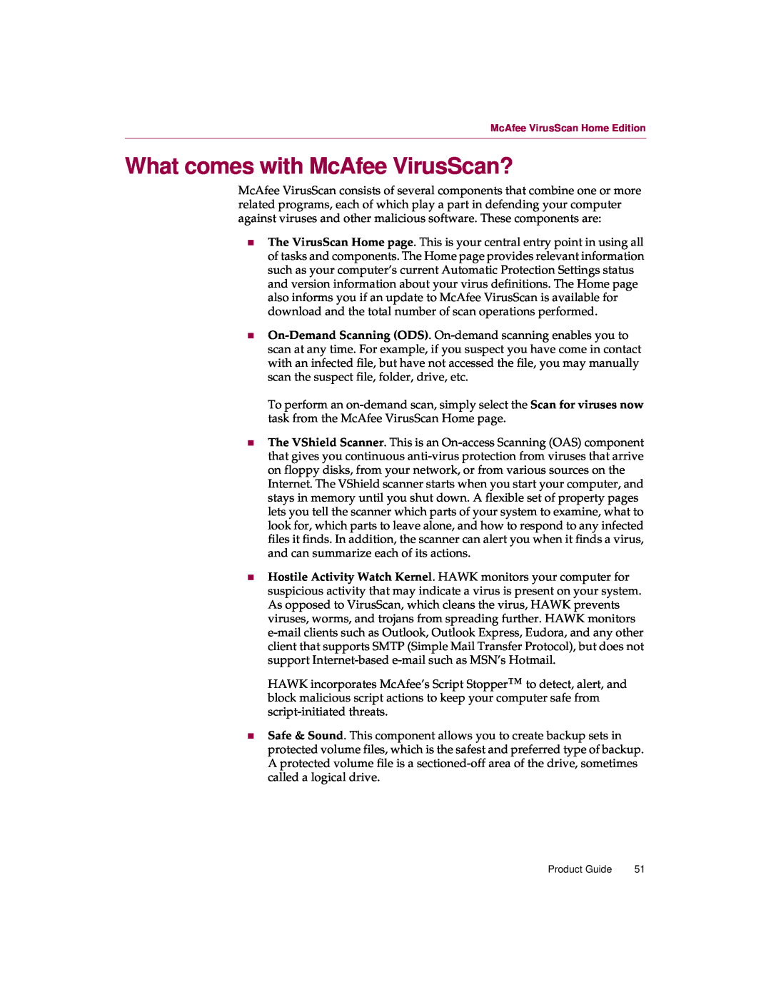 McAfee 5 manual What comes with McAfee VirusScan?, Product Guide 