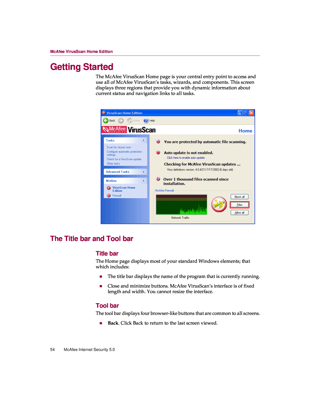 McAfee 5 manual Getting Started, Title bar, Tool bar, McAfee Internet Security 