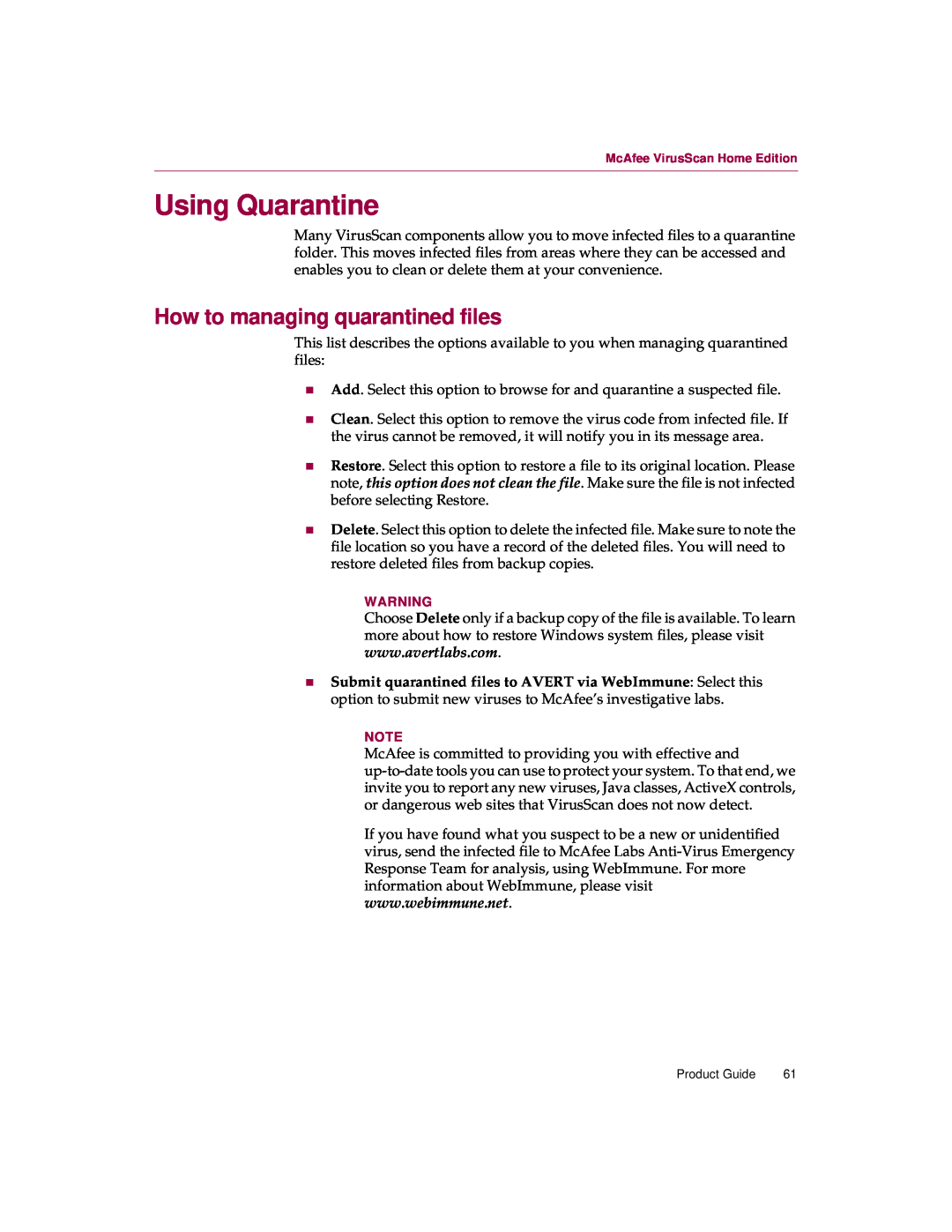 McAfee 5 manual Using Quarantine, How to managing quarantined files 