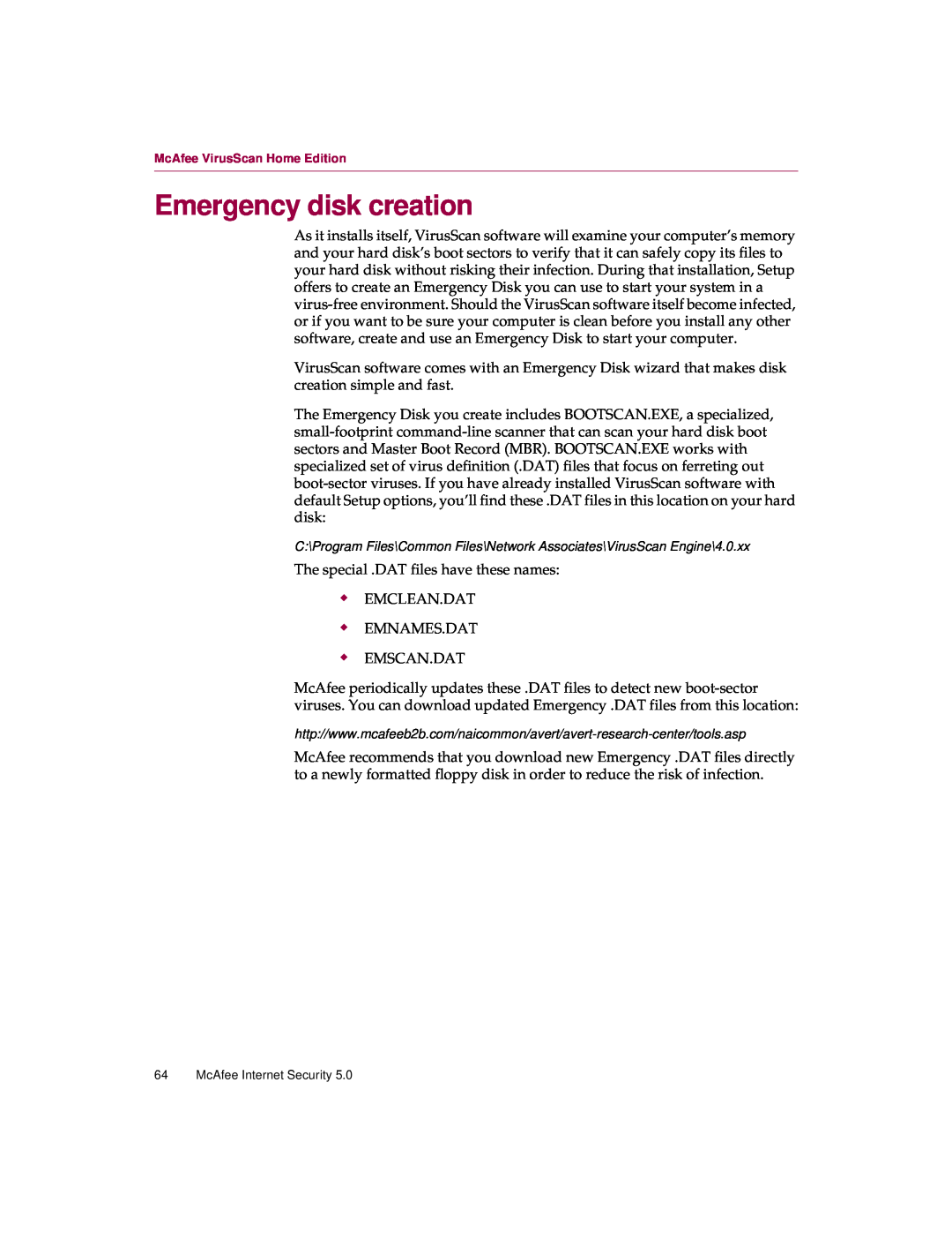 McAfee 5 manual Emergency disk creation 