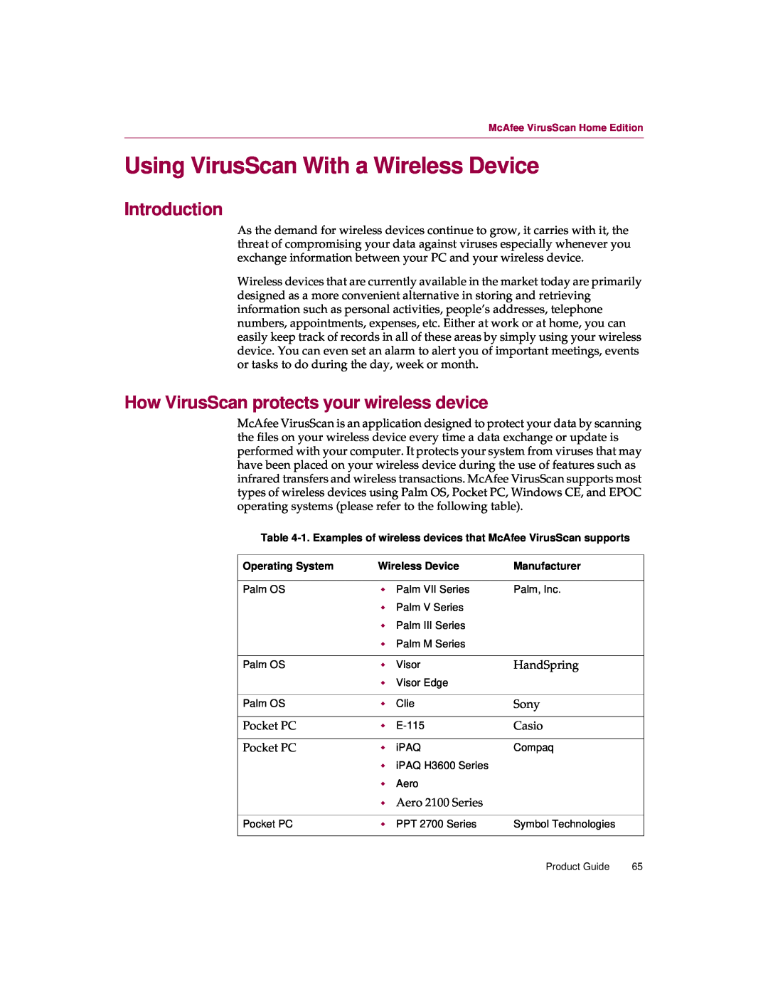 McAfee 5 manual Using VirusScan With a Wireless Device, Introduction, How VirusScan protects your wireless device 