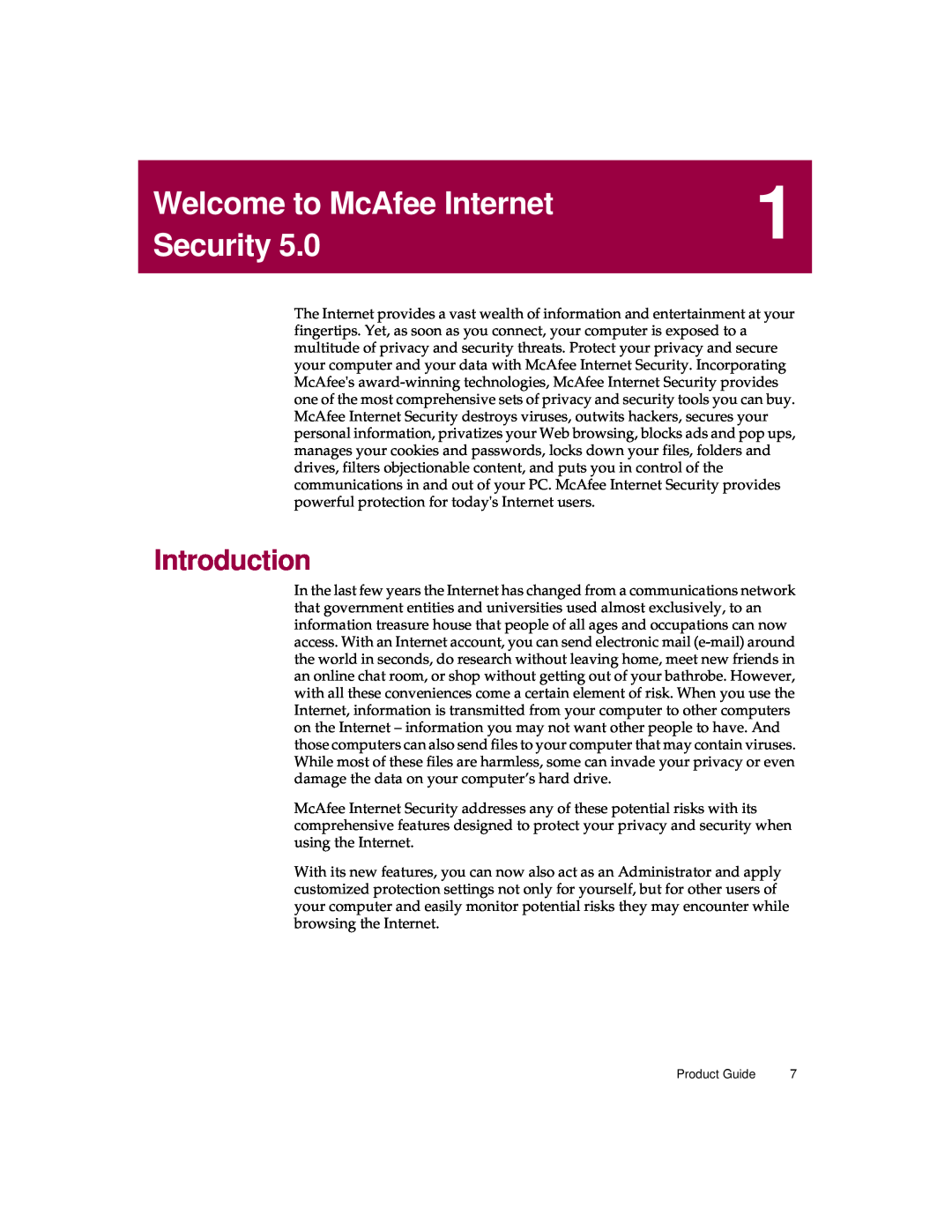 McAfee 5 manual Welcome to McAfee Internet, Security, Introduction 