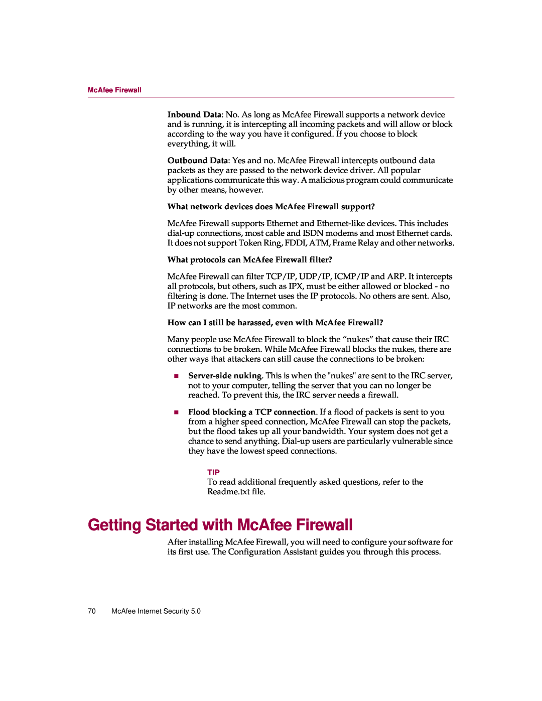 McAfee 5 manual Getting Started with McAfee Firewall, What protocols can McAfee Firewall filter? 