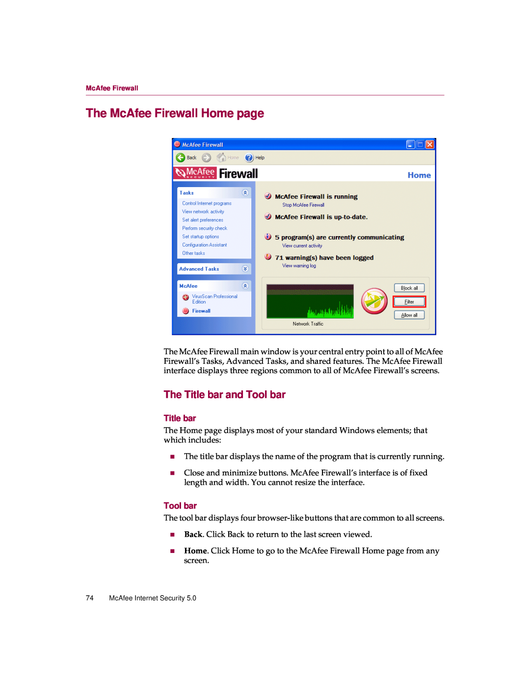 McAfee 5 manual The McAfee Firewall Home page, The Title bar and Tool bar 