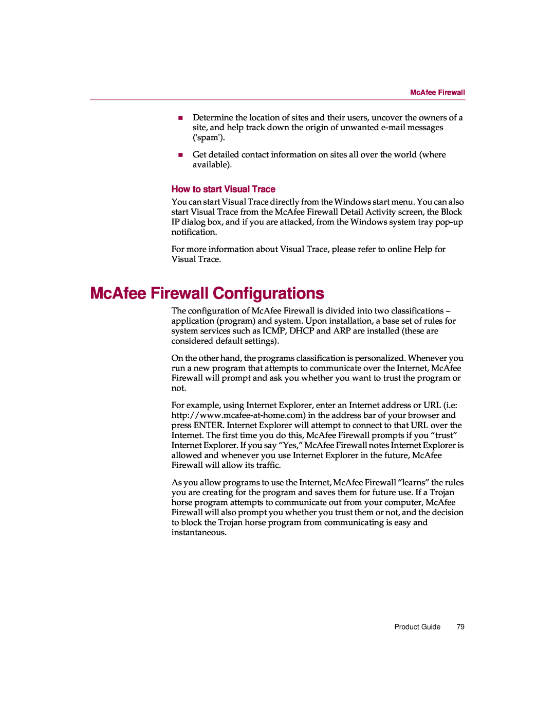 McAfee 5 manual McAfee Firewall Configurations, How to start Visual Trace 