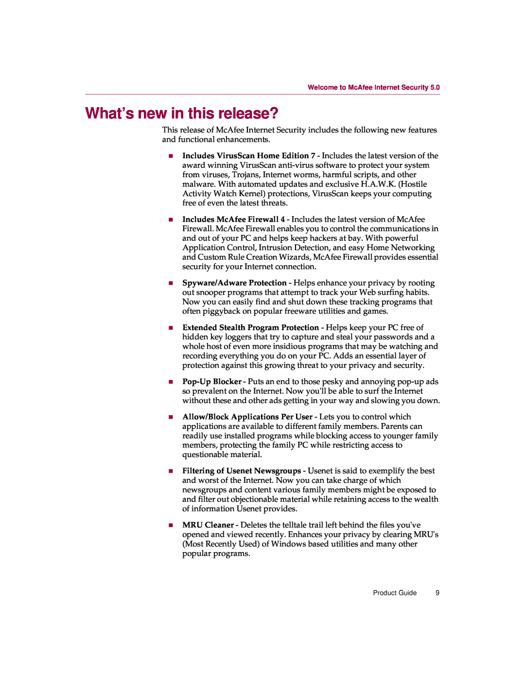 McAfee 5 manual What’s new in this release?, Product Guide 