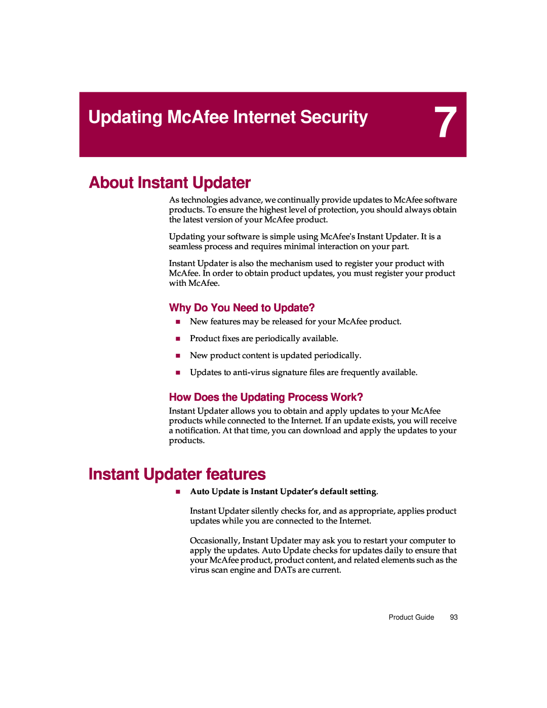 McAfee 5 Updating McAfee Internet Security, About Instant Updater, Instant Updater features, Why Do You Need to Update? 
