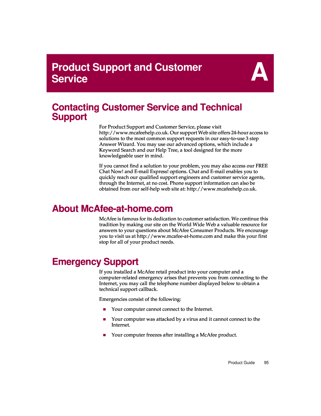 McAfee 5 manual Product Support and Customer, Contacting Customer Service and Technical Support, Emergency Support 