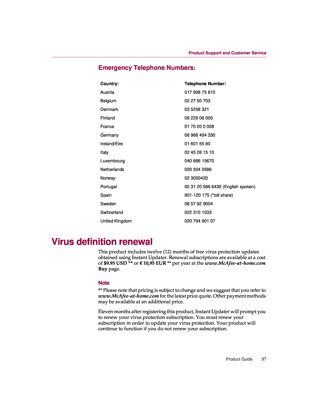 McAfee 5 manual Virus definition renewal, Emergency Telephone Numbers 