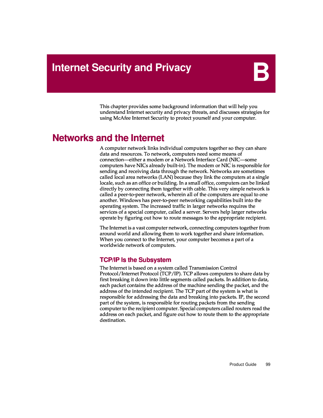McAfee 5 manual Internet Security and Privacy, Networks and the Internet, TCP/IP Is the Subsystem 