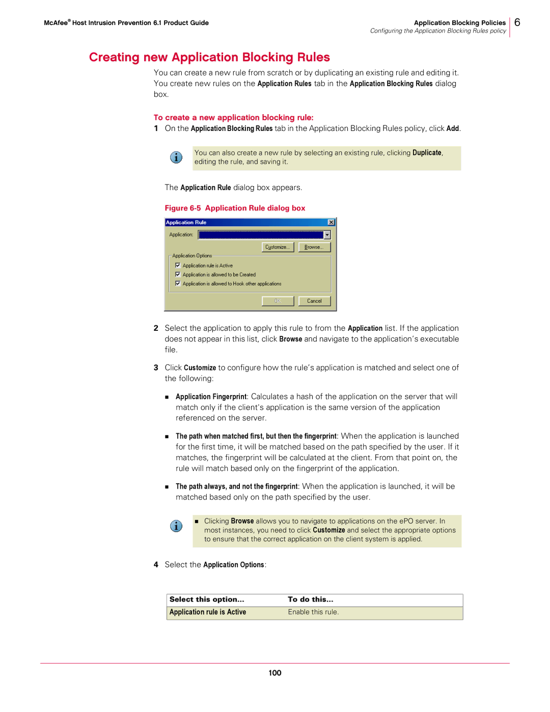 McAfee 6.1 manual Creating new Application Blocking Rules, To create a new application blocking rule, 100 