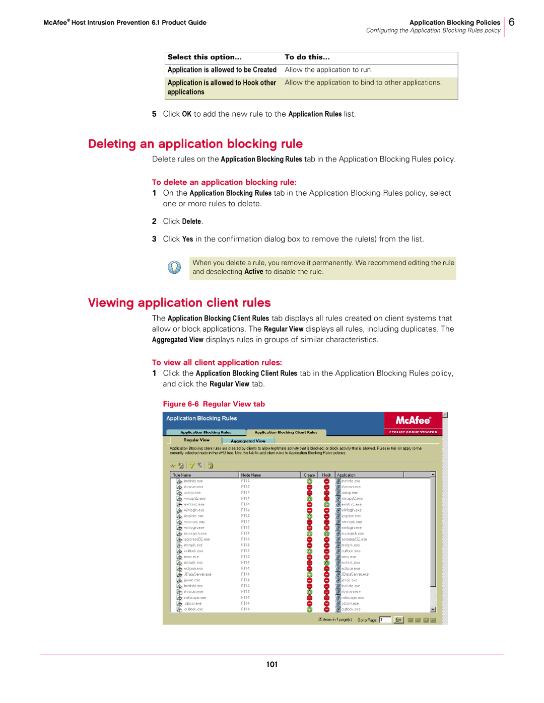 McAfee 6.1 Deleting an application blocking rule, Viewing application client rules, To delete an application blocking rule 