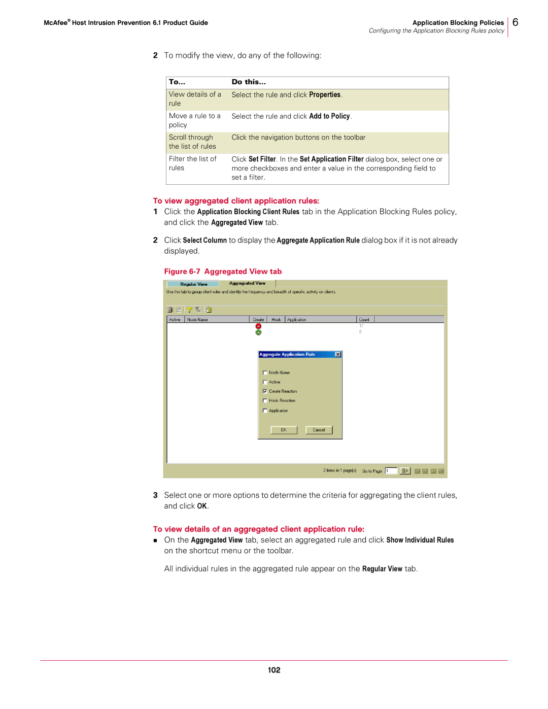 McAfee 6.1 manual To view aggregated client application rules, To view details of an aggregated client application rule 