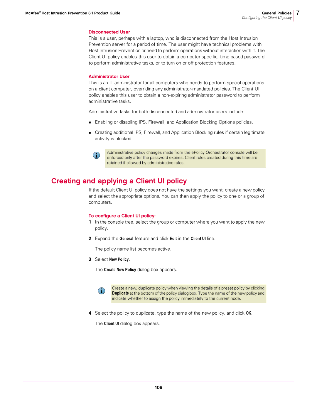 McAfee 6.1 manual Creating and applying a Client UI policy, Disconnected User, Administrator User 