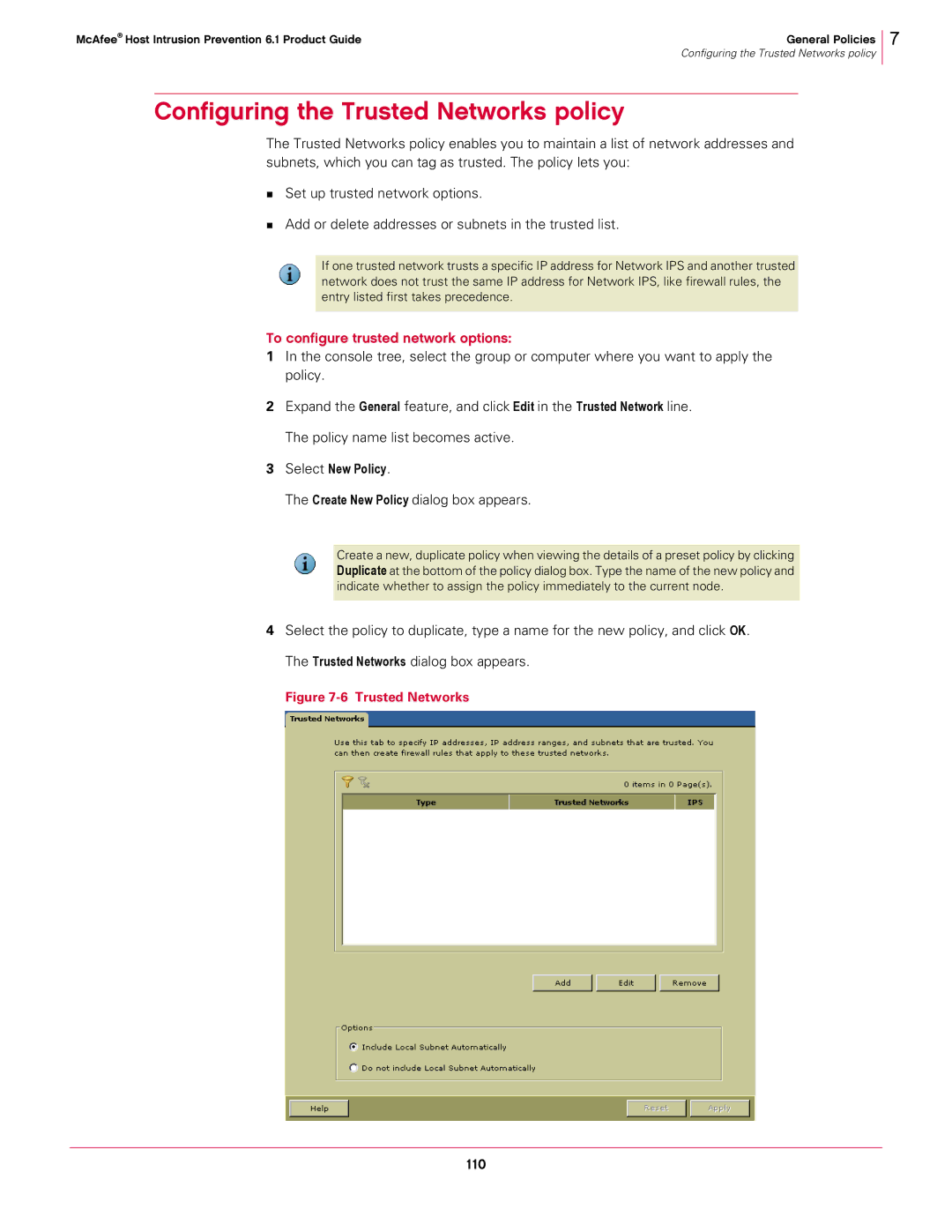 McAfee 6.1 manual Configuring the Trusted Networks policy, To configure trusted network options, 110 