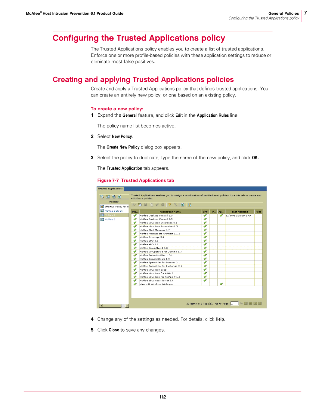 McAfee 6.1 manual Configuring the Trusted Applications policy, Creating and applying Trusted Applications policies 