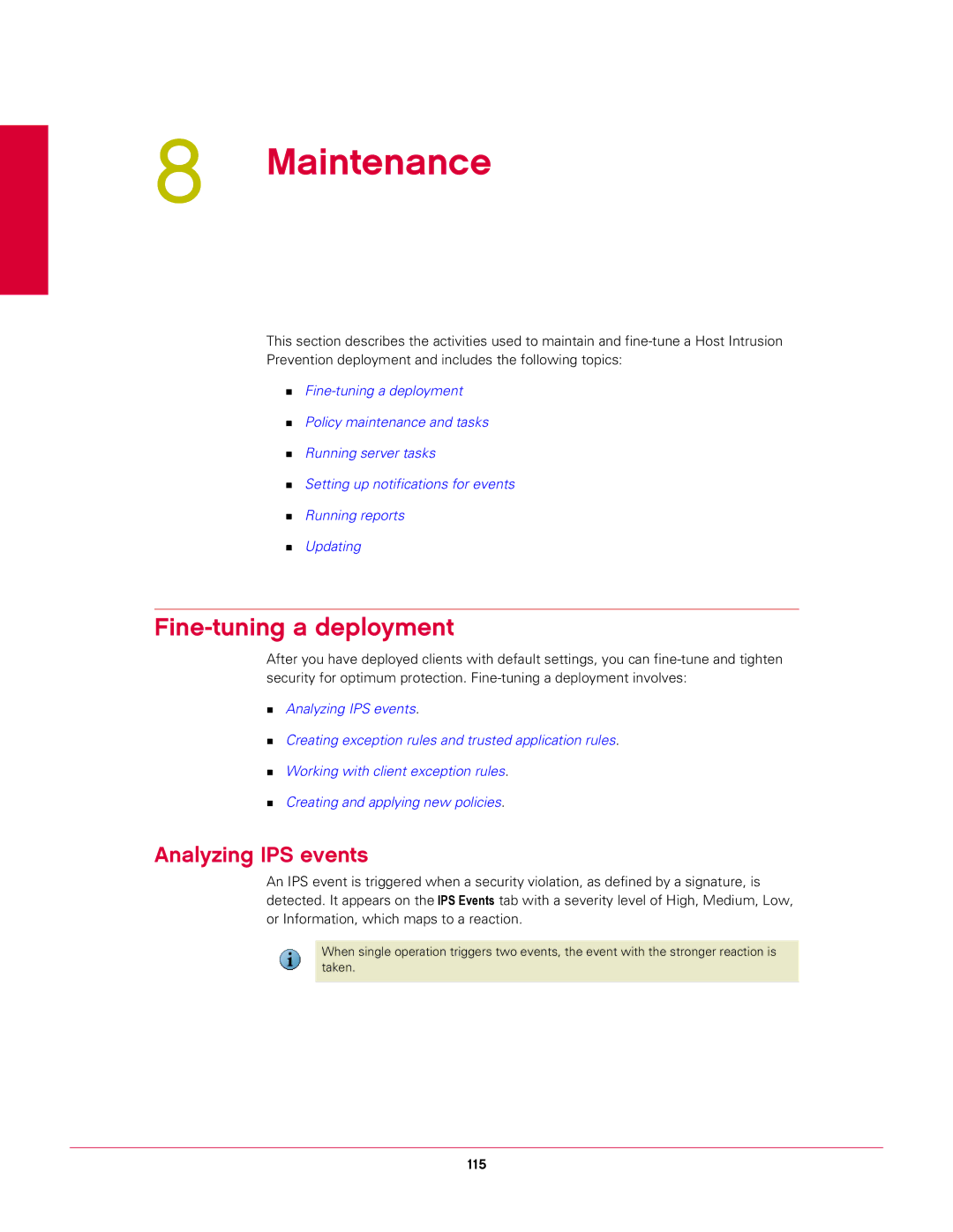 McAfee 6.1 manual Maintenance, Fine-tuning a deployment, Analyzing IPS events, 115 