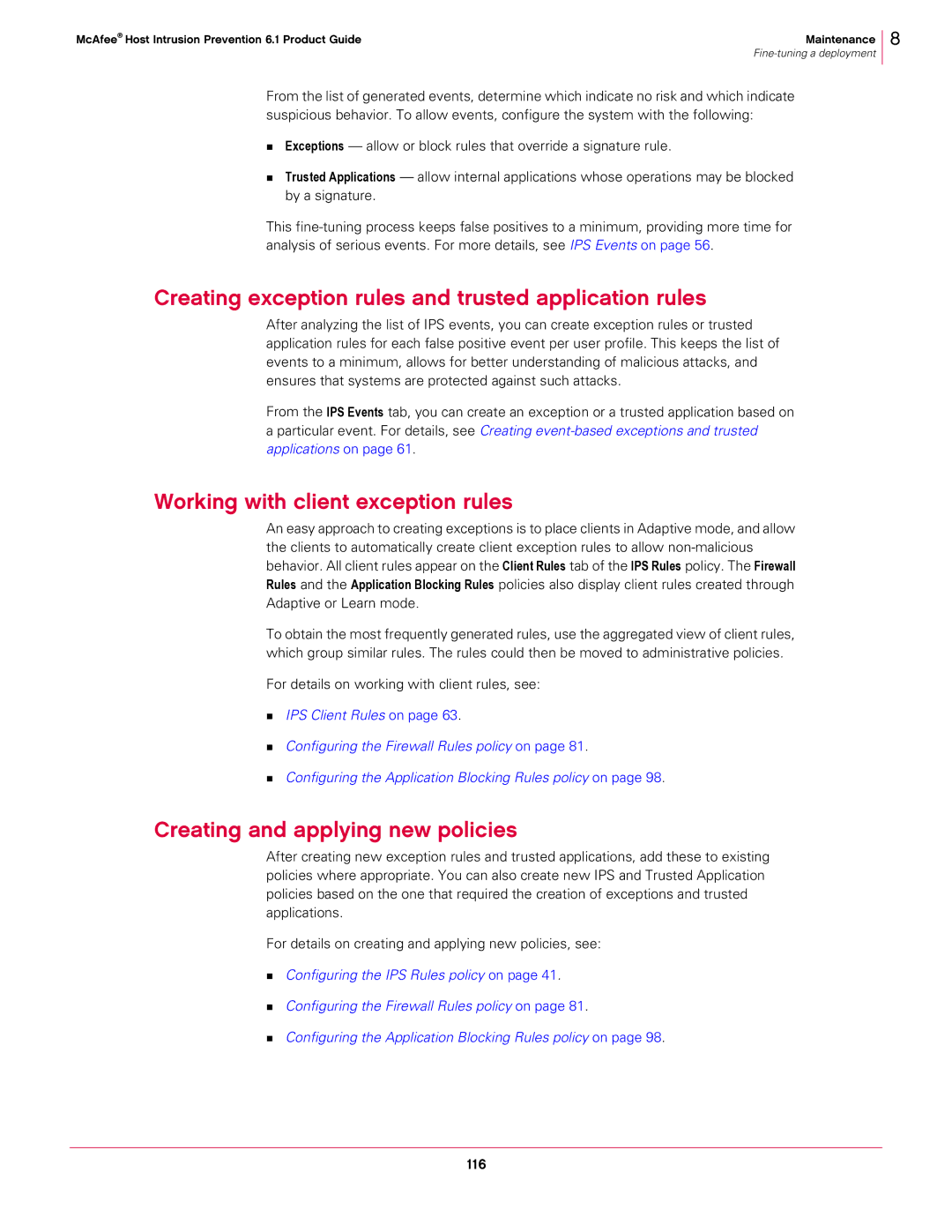 McAfee 6.1 manual Creating exception rules and trusted application rules, Working with client exception rules, 116 
