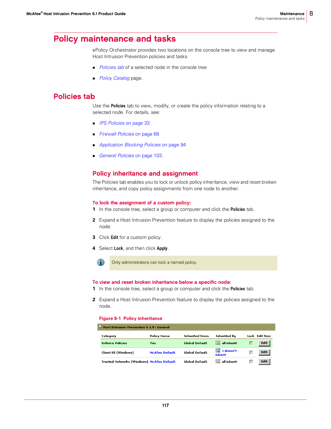 McAfee 6.1 manual Policy maintenance and tasks, Policies tab, Policy inheritance and assignment 