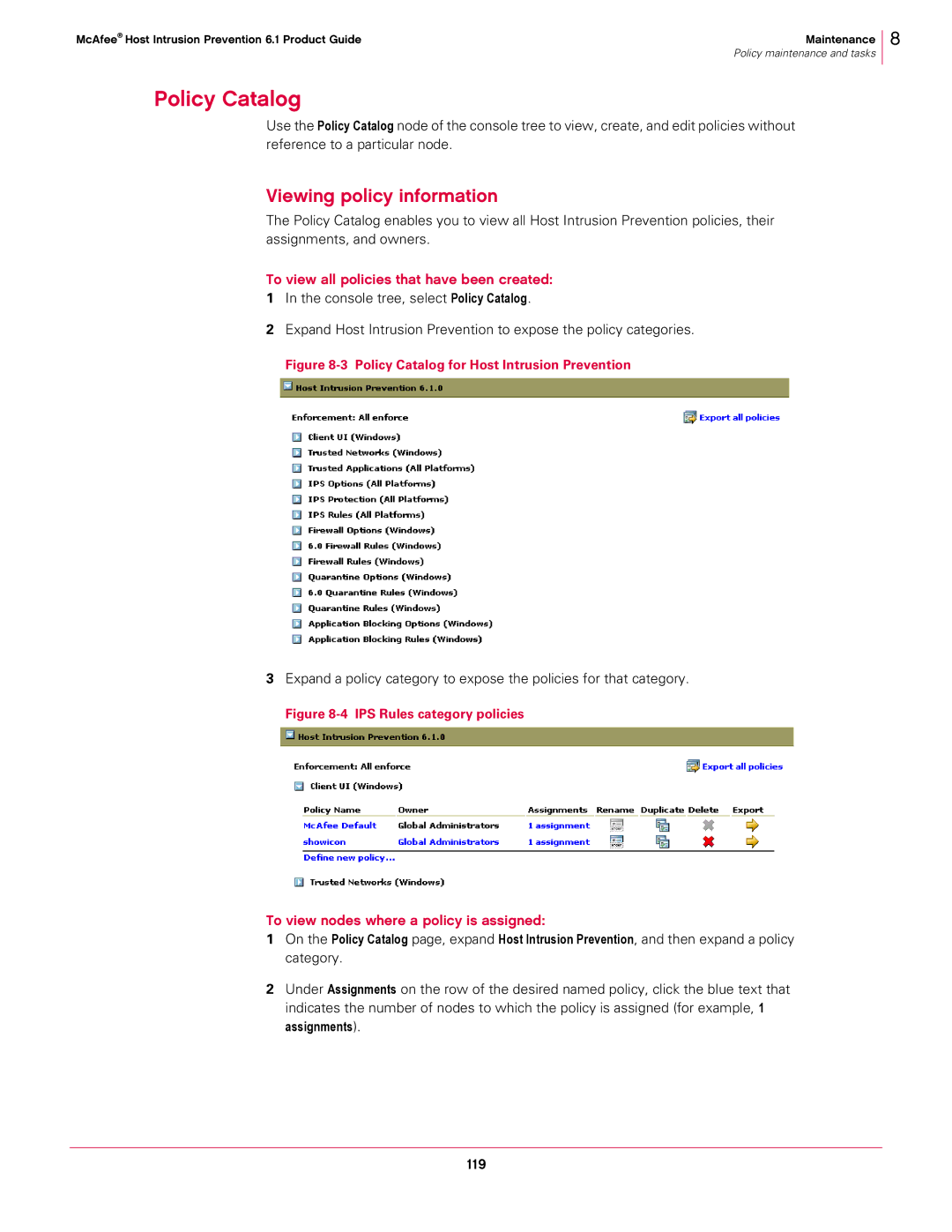 McAfee 6.1 manual Policy Catalog, Viewing policy information, To view all policies that have been created, 119 