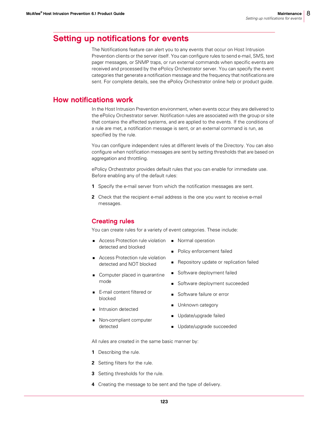 McAfee 6.1 manual Setting up notifications for events, How notifications work, Creating rules 