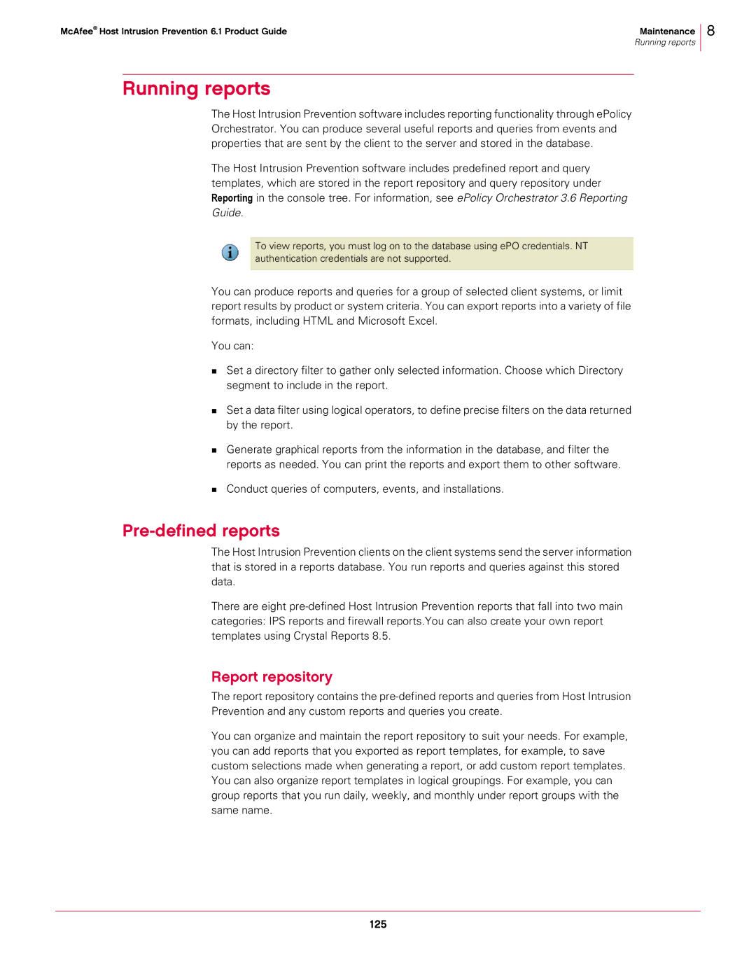 McAfee 6.1 manual Running reports, Pre-defined reports, Report repository 