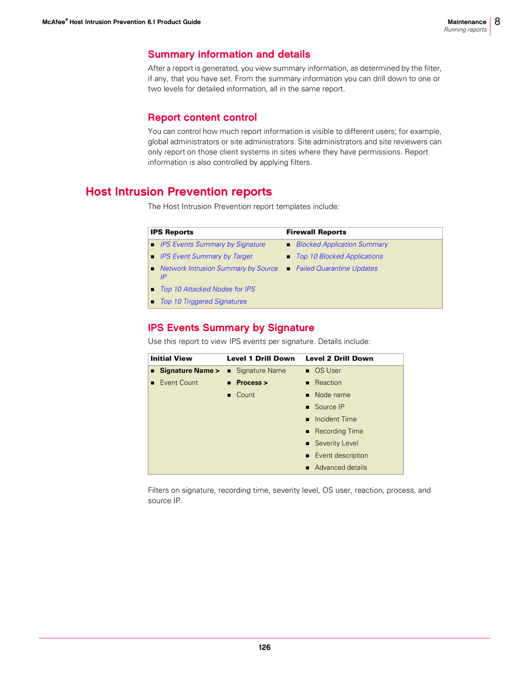 McAfee 6.1 manual Host Intrusion Prevention reports, Summary information and details, Report content control 