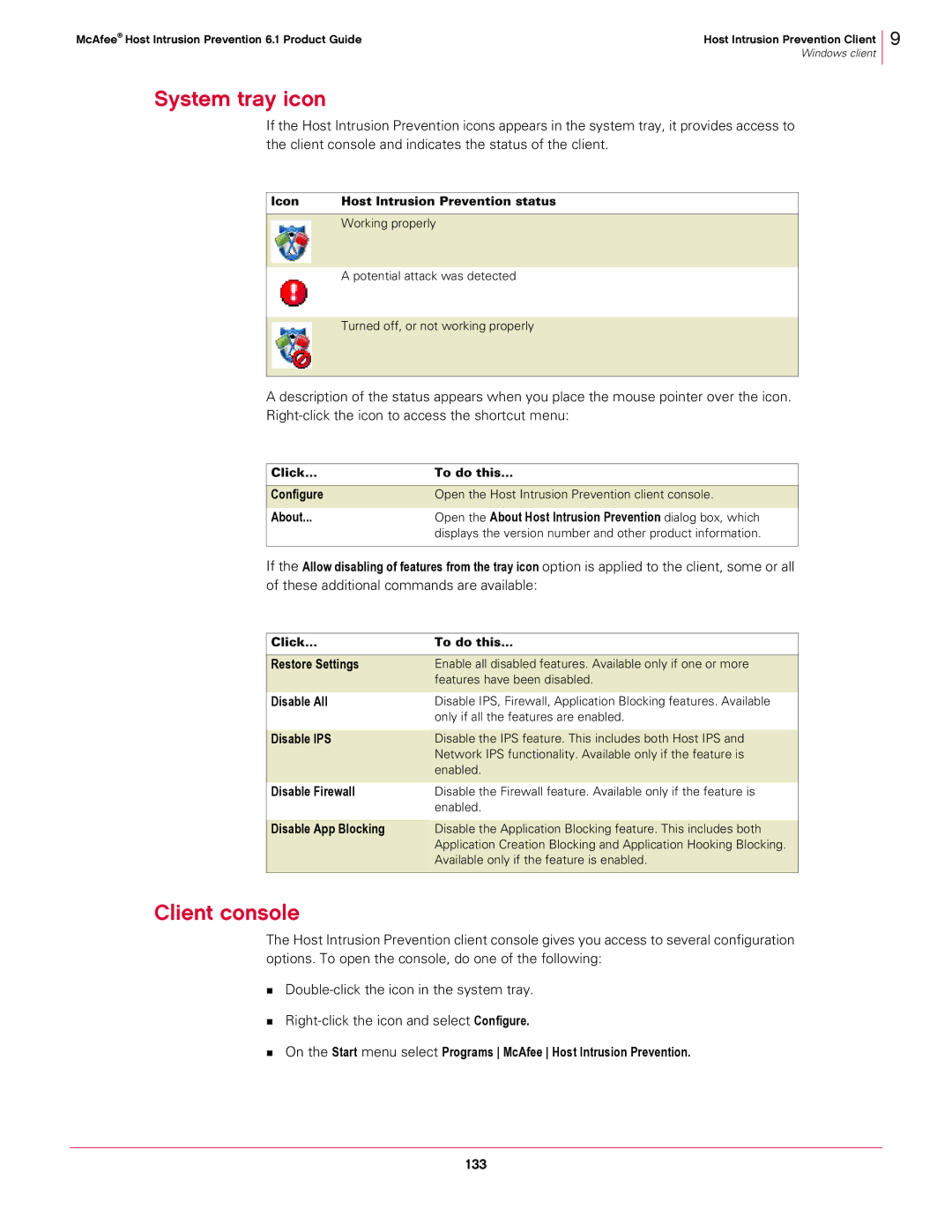 McAfee 6.1 manual System tray icon, Client console, 133 