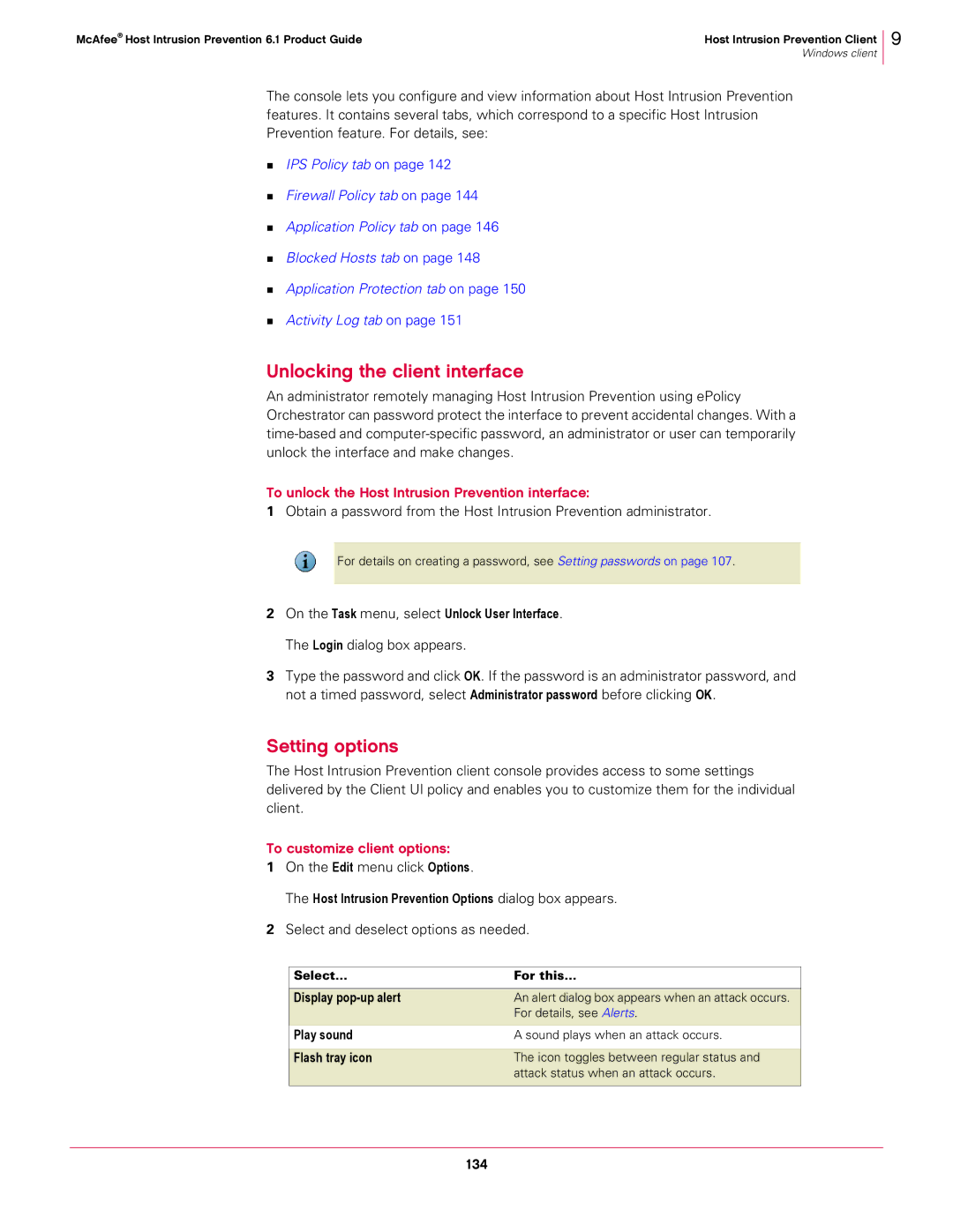 McAfee 6.1 manual Unlocking the client interface, Setting options, To unlock the Host Intrusion Prevention interface 