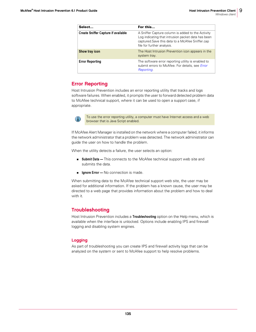 McAfee 6.1 manual Troubleshooting, Select For this, Show tray icon Error Reporting 