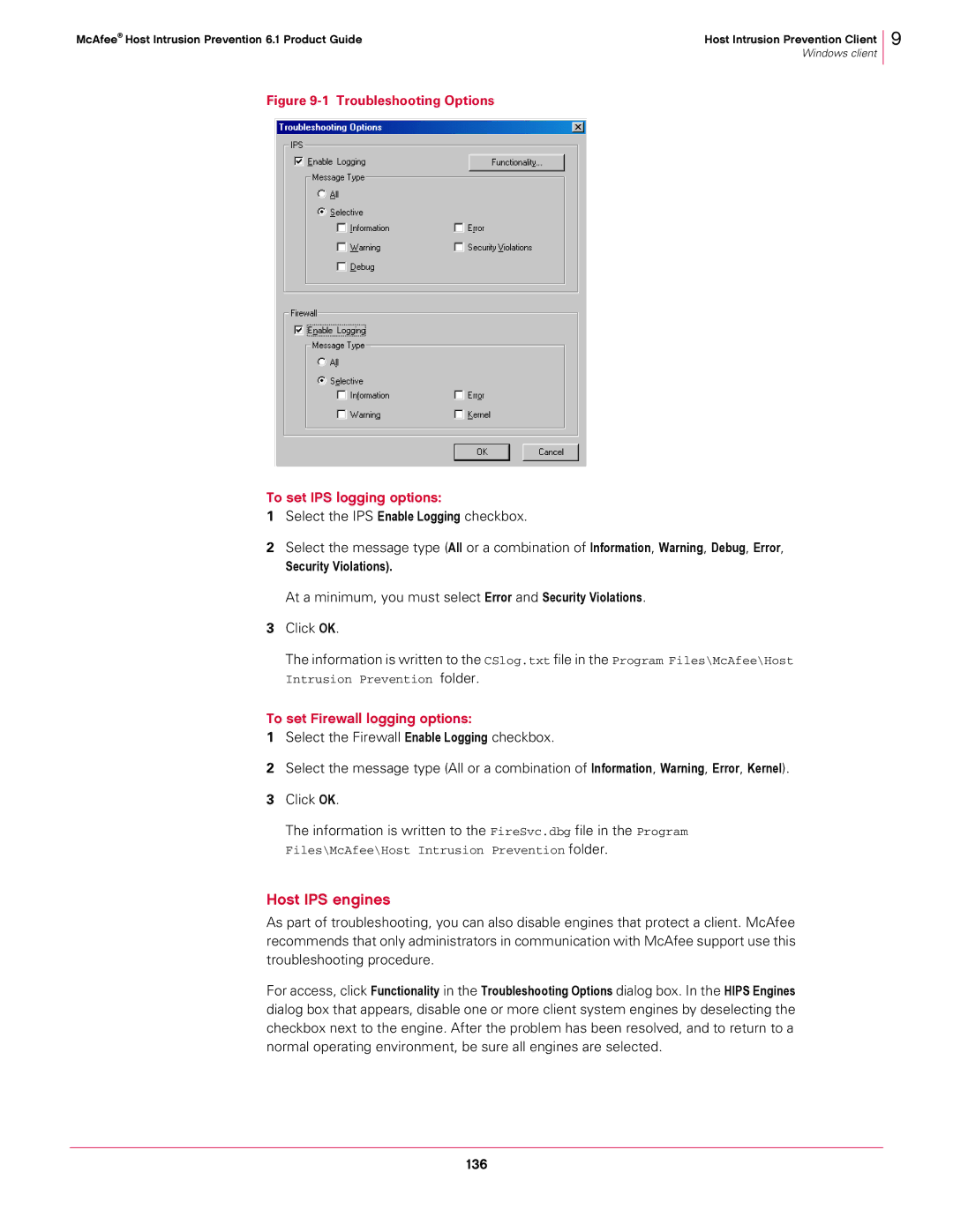 McAfee 6.1 manual To set IPS logging options, To set Firewall logging options, Security Violations 