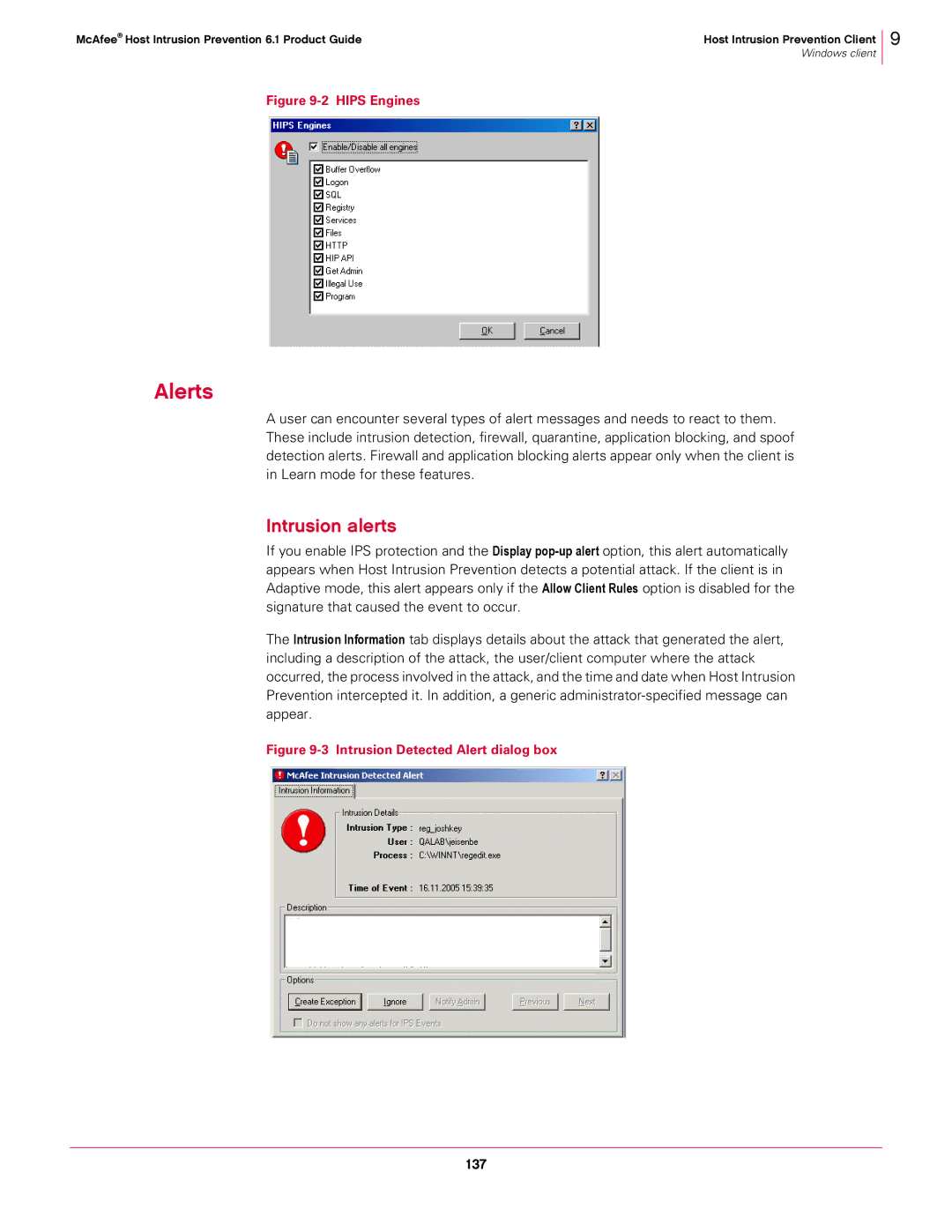 McAfee 6.1 manual Alerts, Intrusion alerts, 137 