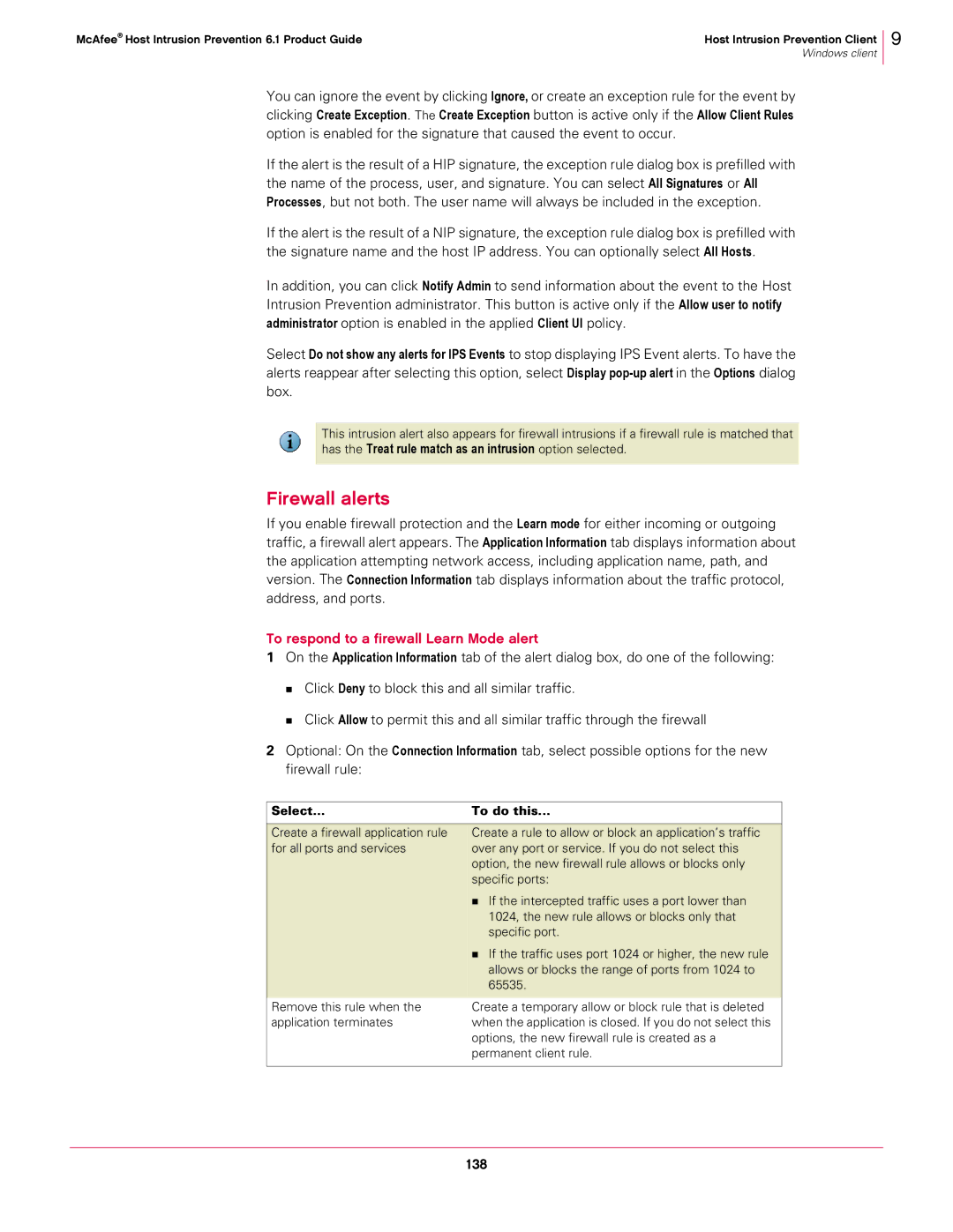McAfee 6.1 manual Firewall alerts, To respond to a firewall Learn Mode alert, 138, Select To do this 