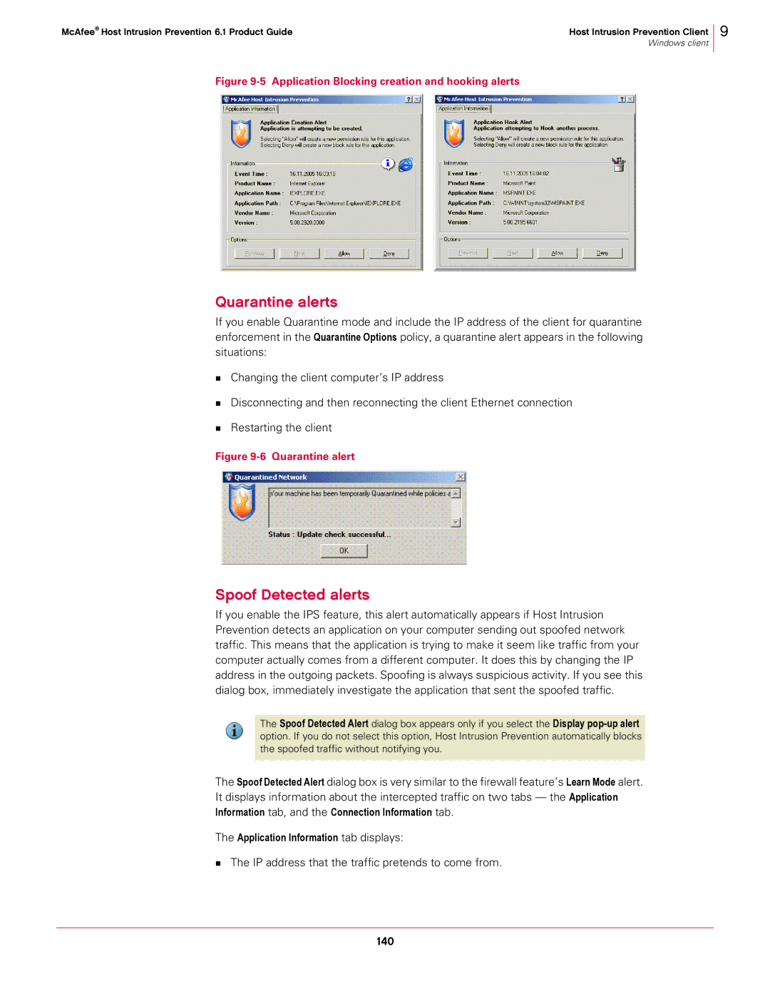 McAfee 6.1 manual Quarantine alerts, Spoof Detected alerts, „ The IP address that the traffic pretends to come from 140 