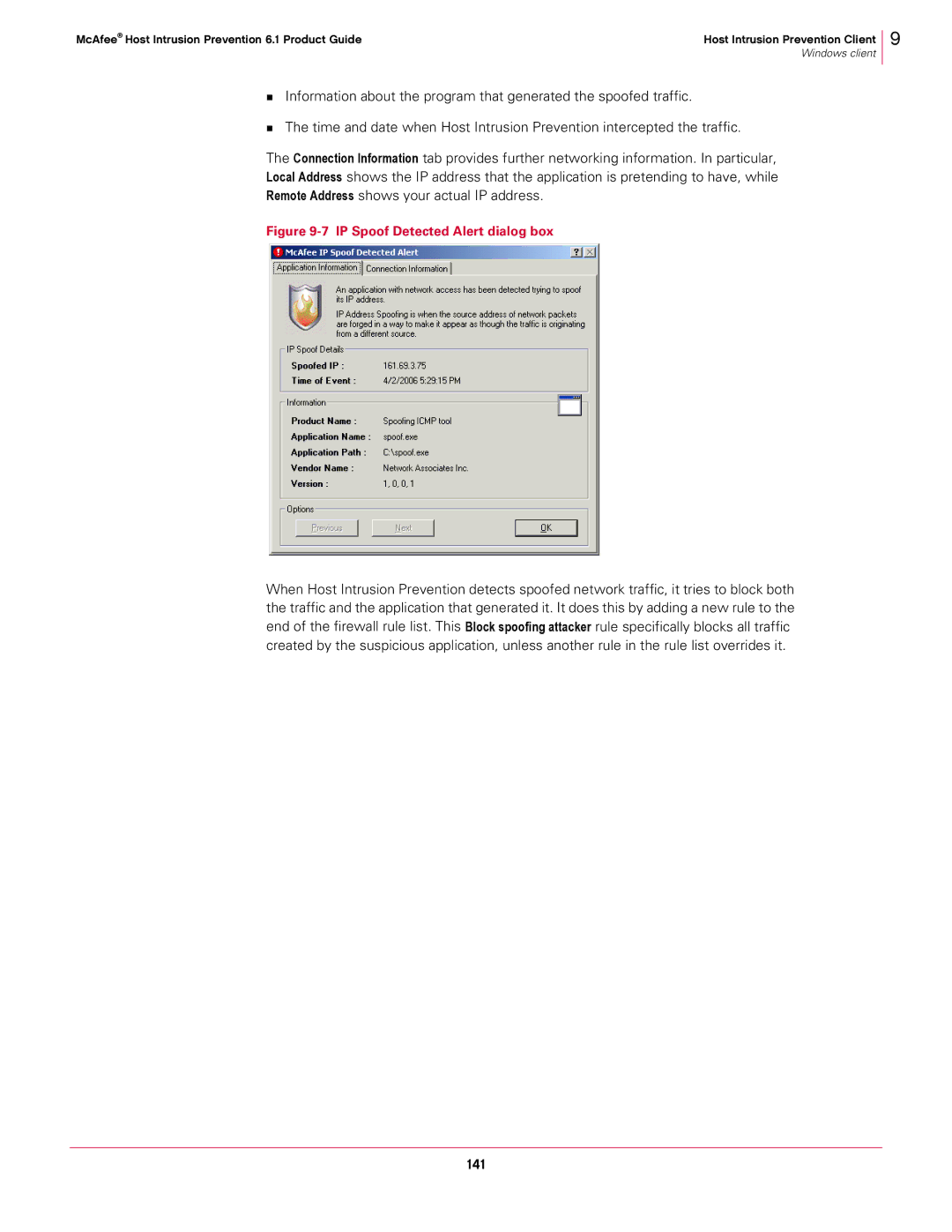 McAfee 6.1 manual 141, IP Spoof Detected Alert dialog box 