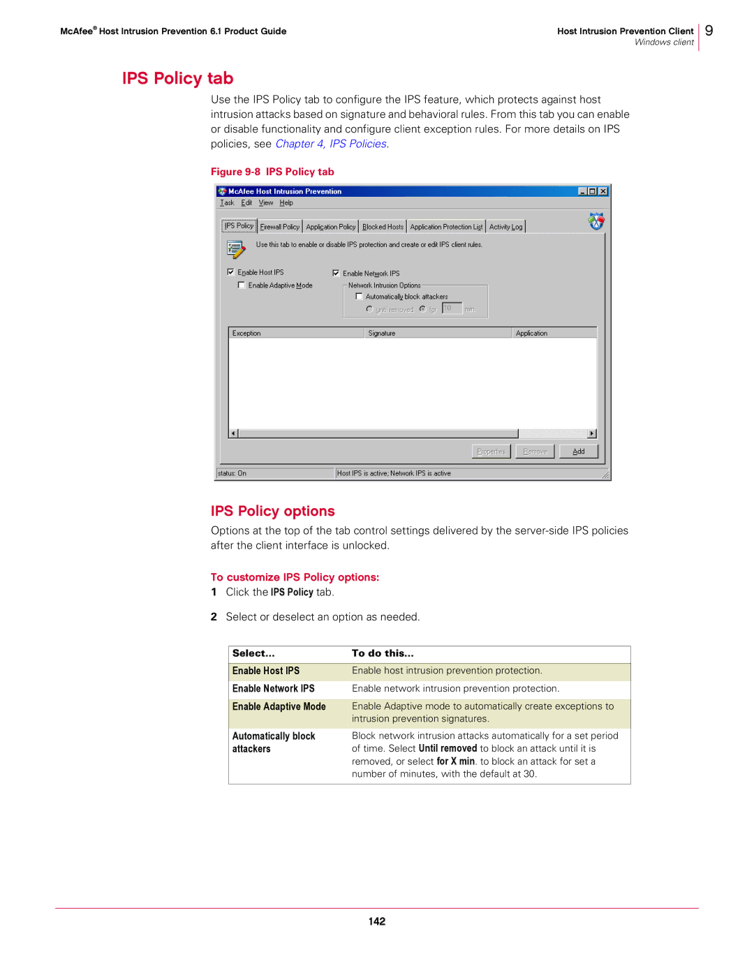 McAfee 6.1 manual IPS Policy tab, To customize IPS Policy options, 142 