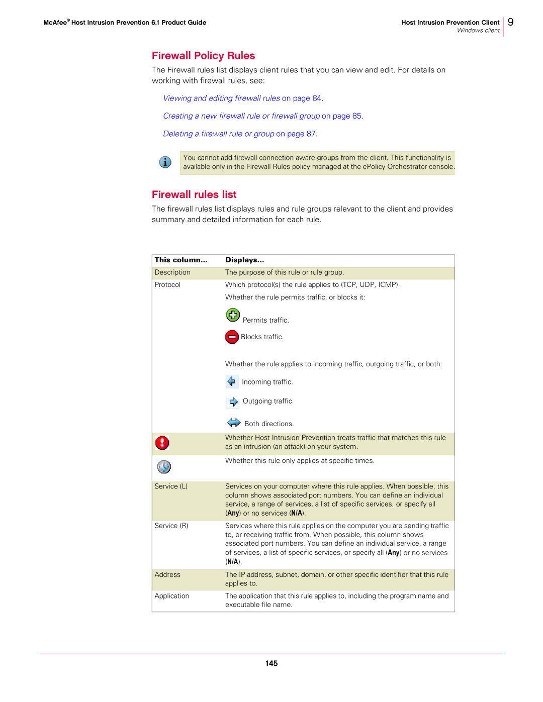 McAfee 6.1 manual Firewall Policy Rules, Firewall rules list, 145 