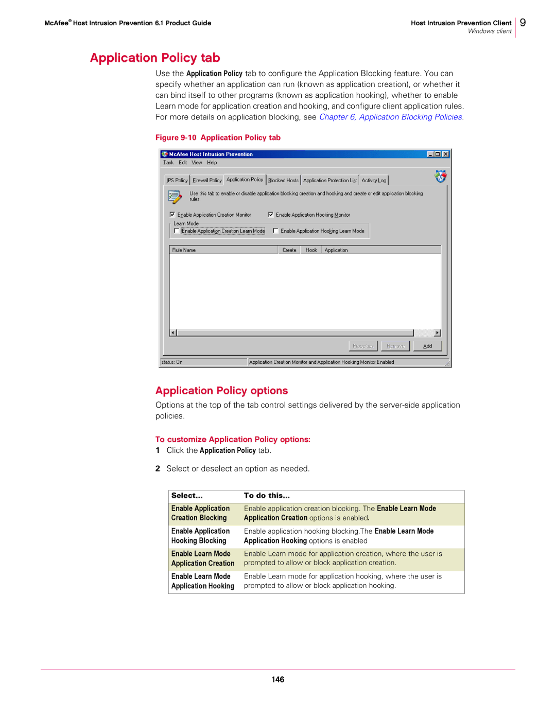 McAfee 6.1 manual To customize Application Policy options, 146, Click the Application Policy tab 
