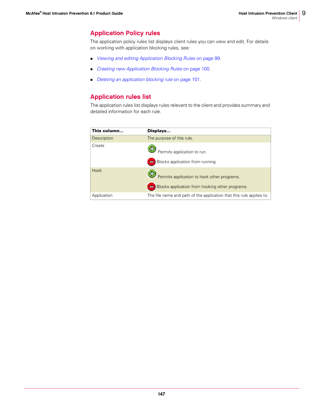 McAfee 6.1 manual Application Policy rules, Application rules list, 147 