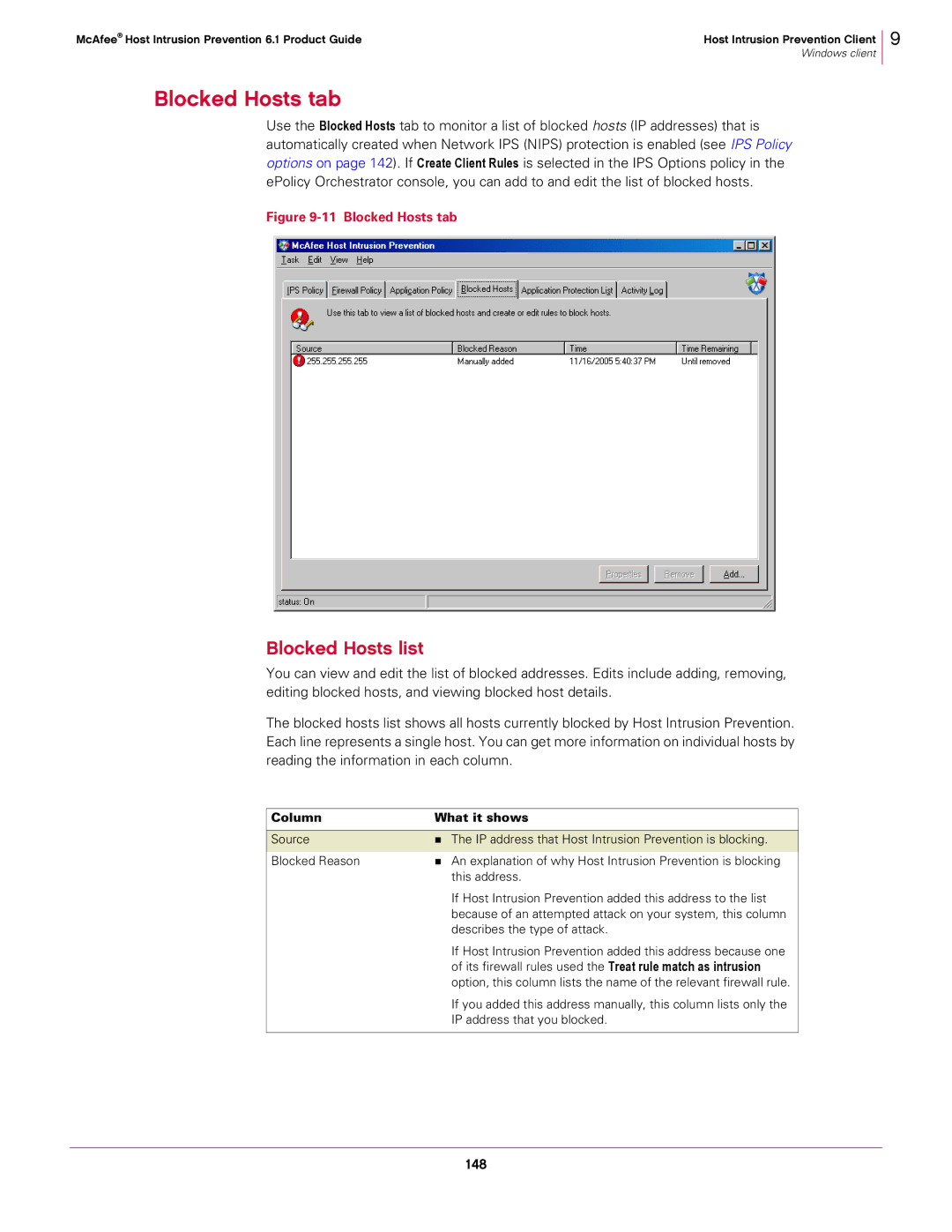 McAfee 6.1 manual Blocked Hosts tab, Blocked Hosts list, 148, Column What it shows 