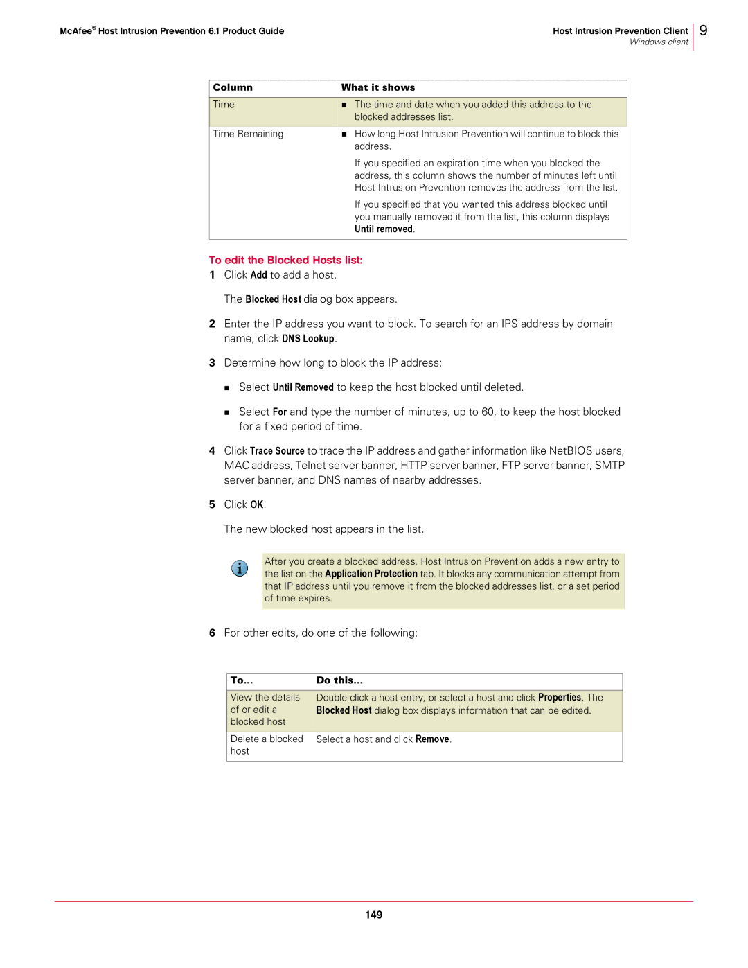 McAfee 6.1 manual To edit the Blocked Hosts list, 149, Until removed 