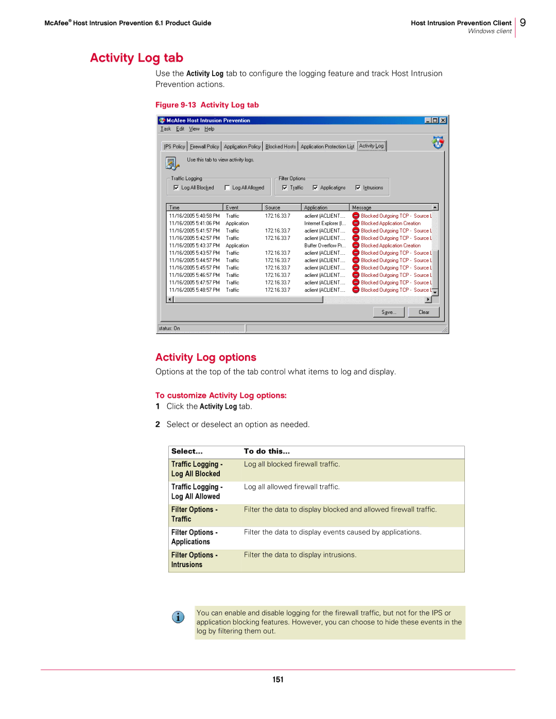 McAfee 6.1 manual Activity Log tab, To customize Activity Log options, 151 