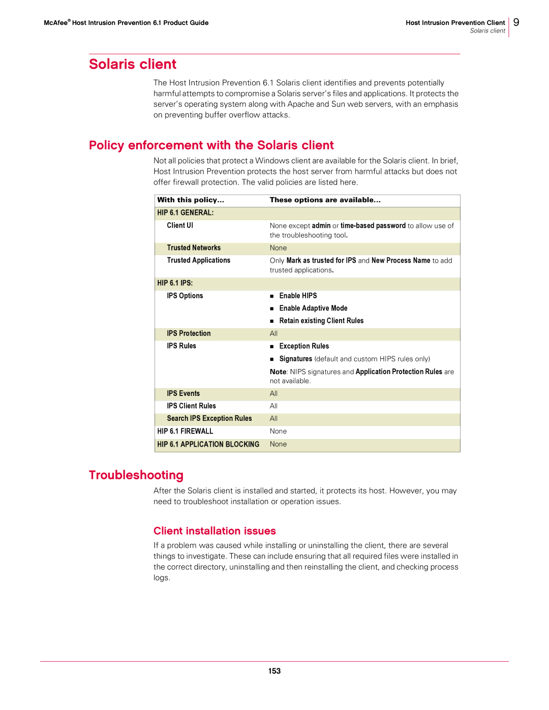 McAfee 6.1 manual Policy enforcement with the Solaris client, Troubleshooting, Client installation issues 