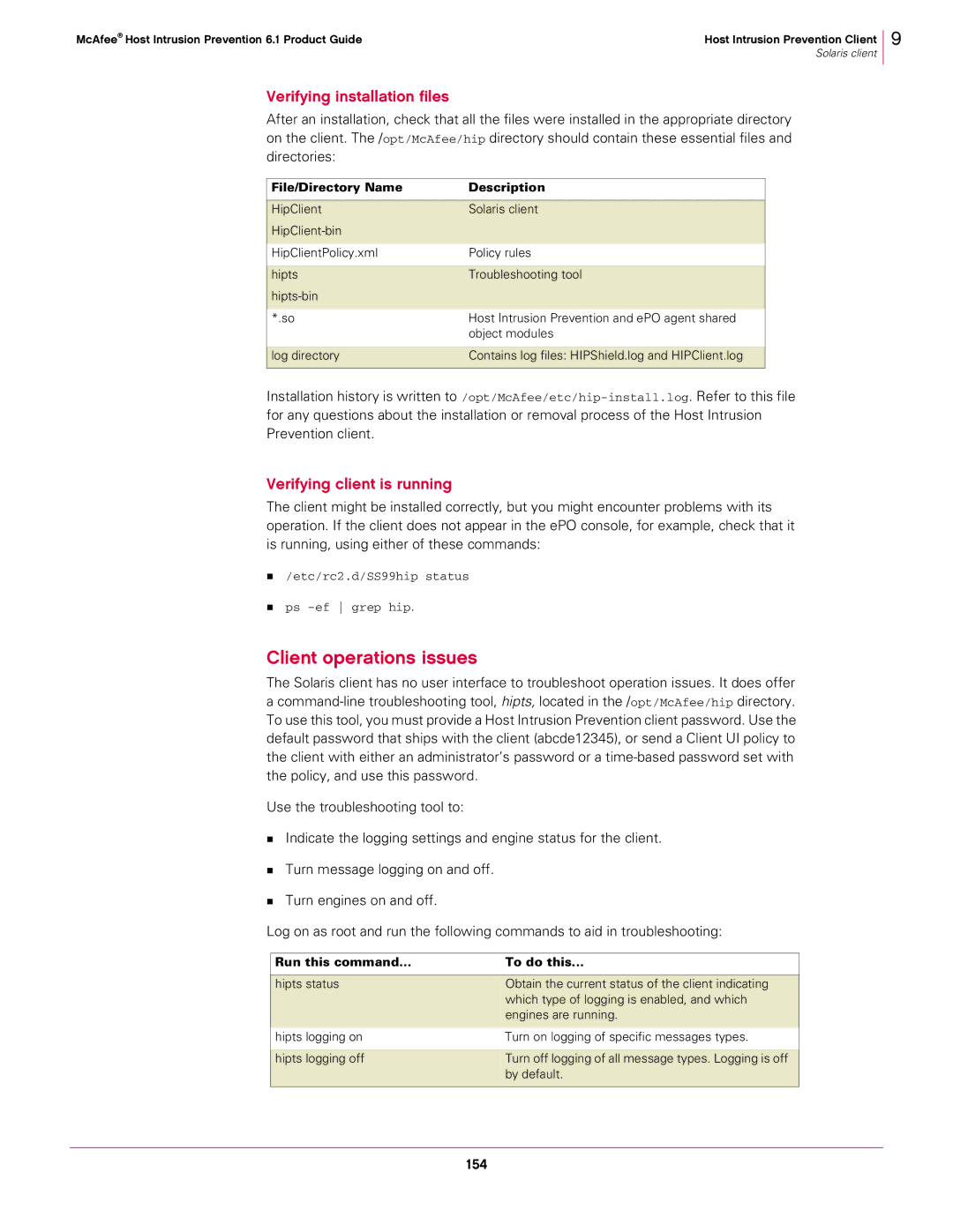 McAfee 6.1 manual Client operations issues, 154, File/Directory Name Description, Run this command To do this 