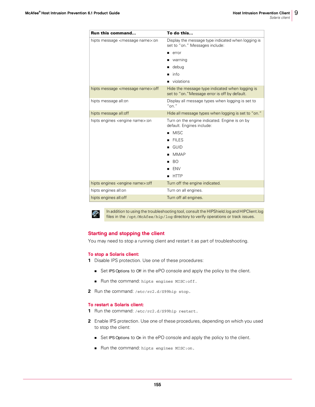 McAfee 6.1 manual To stop a Solaris client, To restart a Solaris client, 155 