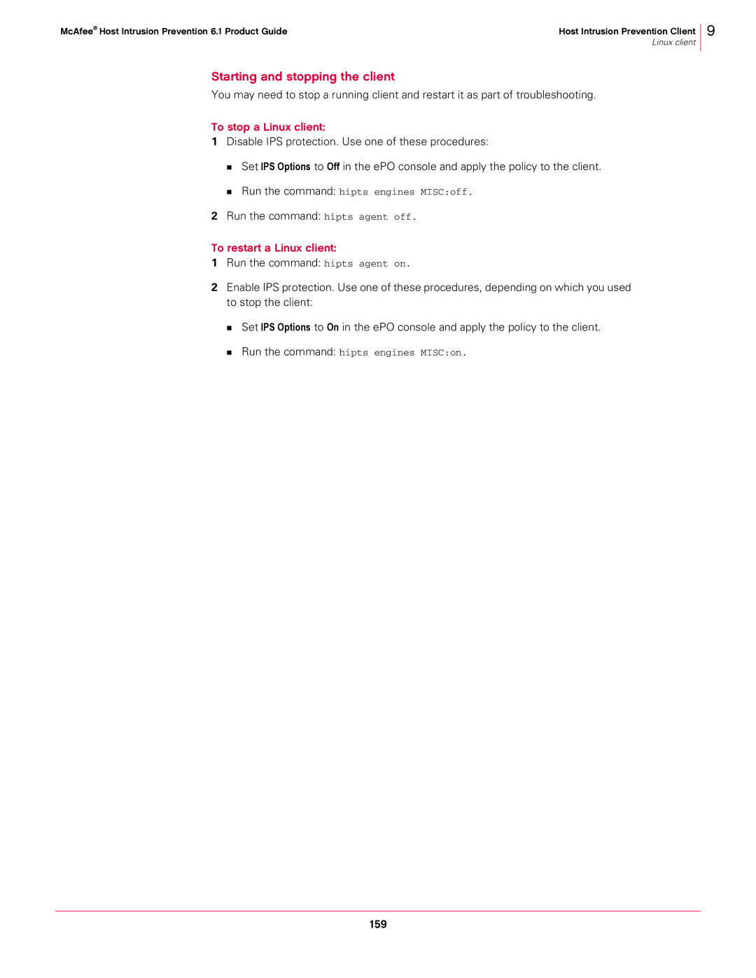 McAfee 6.1 manual To stop a Linux client, Run the command hipts agent off, To restart a Linux client, 159 