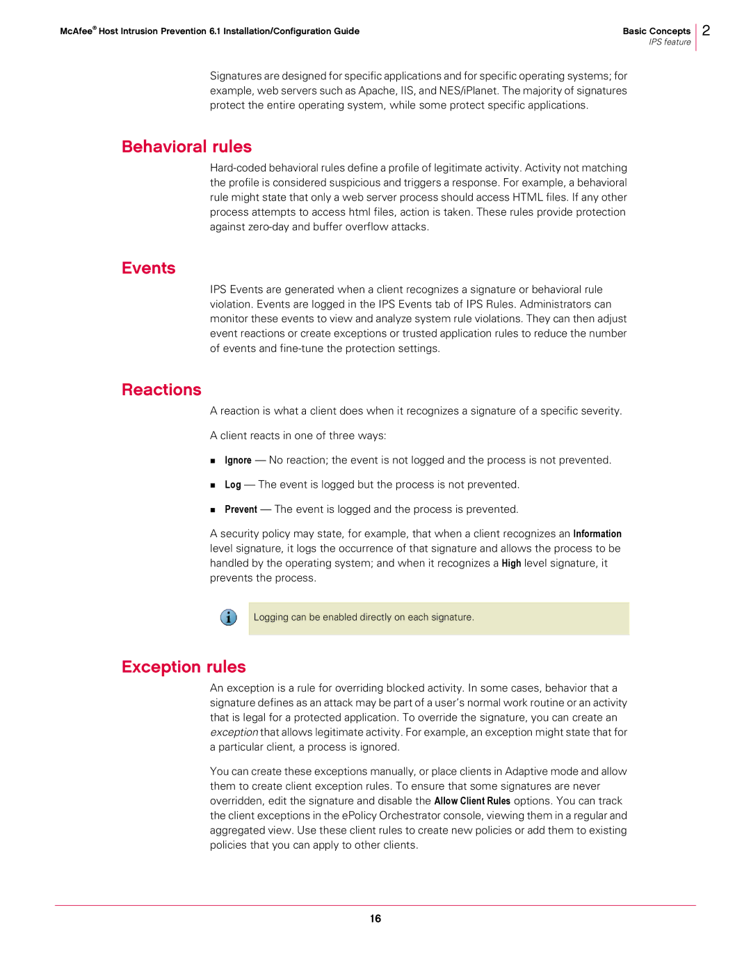 McAfee 6.1 manual Behavioral rules, Events, Reactions, Exception rules 