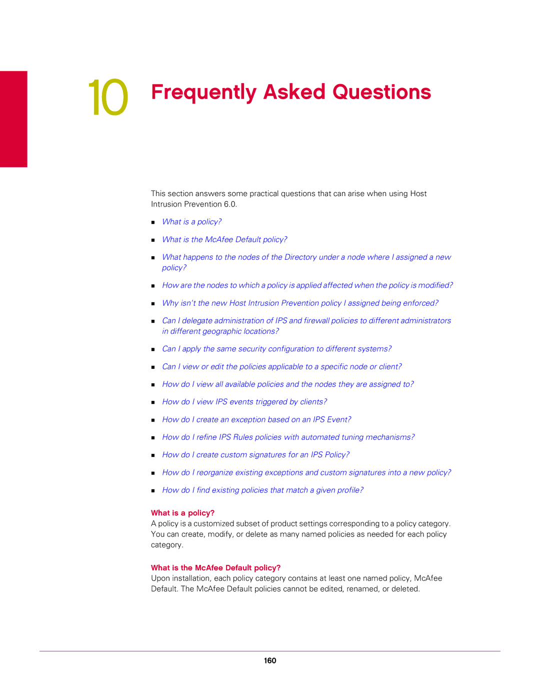 McAfee 6.1 manual Frequently Asked Questions, What is a policy?, What is the McAfee Default policy?, 160 